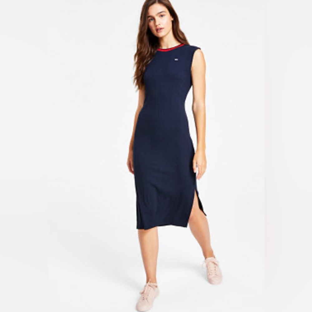 Tommy Hilfiger Navy Sleeveless Midi Dress with Red Trim